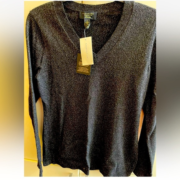 Charter Club Cashmere Luxury Black/ Silver Lurex V neck  Sweater Size S - Picture 1 of 3
